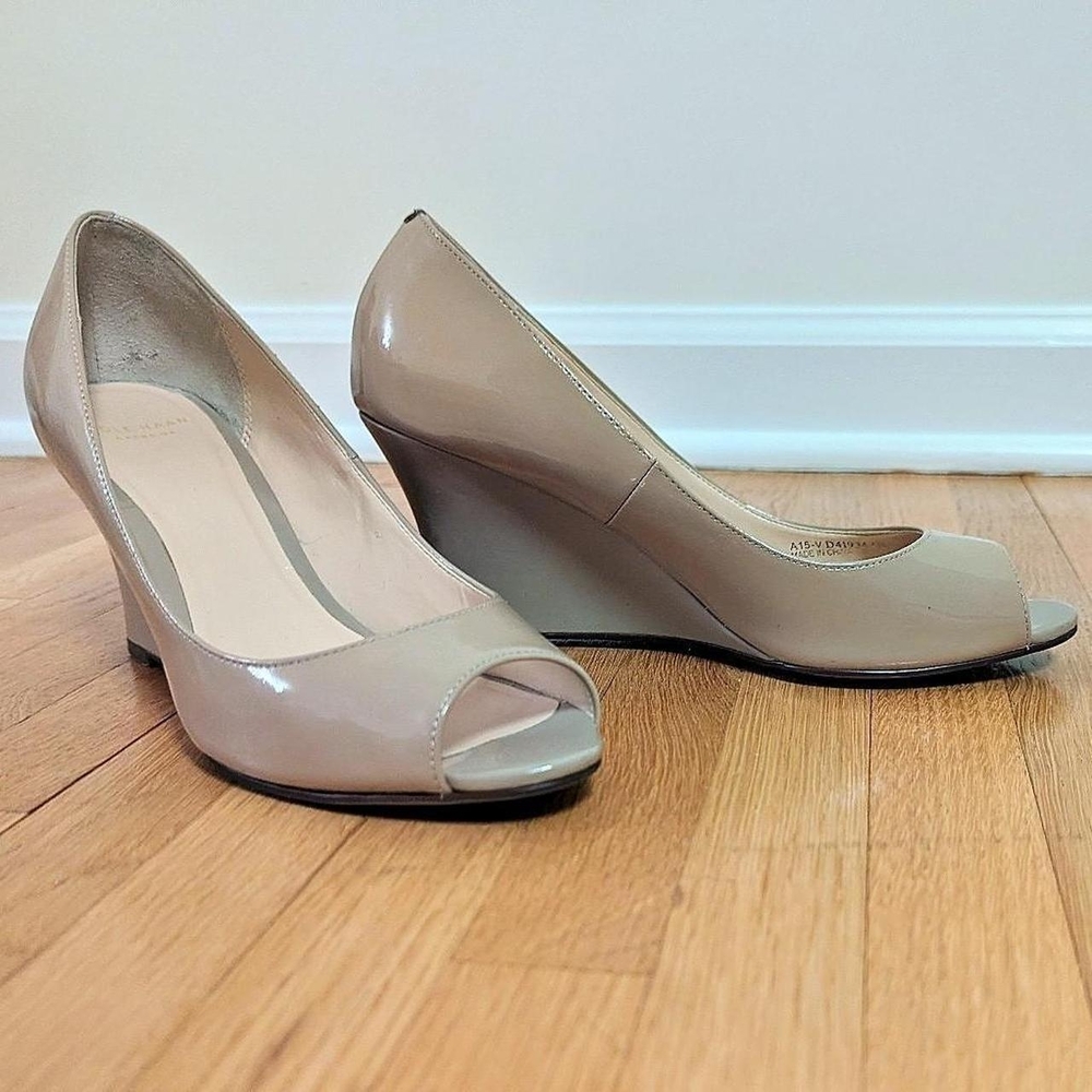 Tan Patent Leather Cole Haan Peep-Toe Wedge Shoes